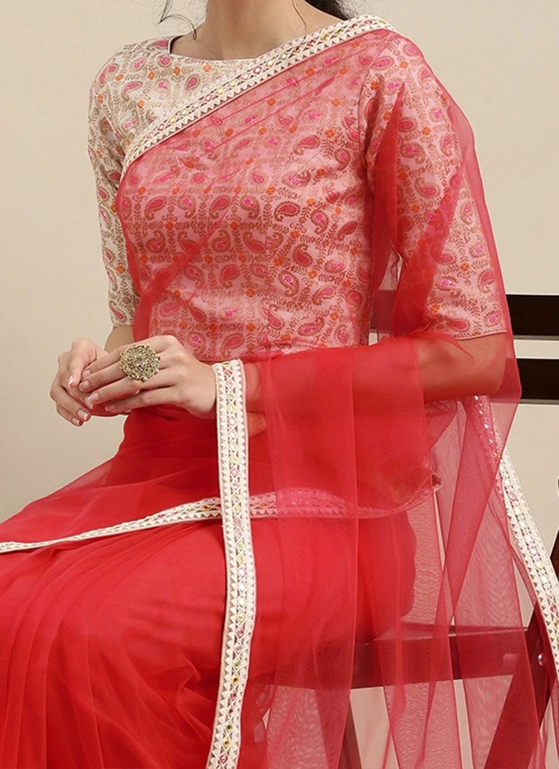 White Brocade N Pink Net Border Saree Festive Wear 3 White Brocade N Pink Net Border Saree Festive Wear