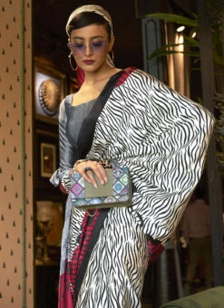 White Color Printed Work Crepe Satin Saree Party Wear -ZariGrace Shop White Color Printed Work Crepe Satin Saree SASLI193824616 b