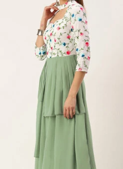 White Georgette N Green Pleated Gown Festive Wear