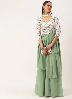 White Georgette N Green Pleated Gown Festive Wear -ZariGrace Shop White Georgette N Green Pleated Gown IWBS02210982 u