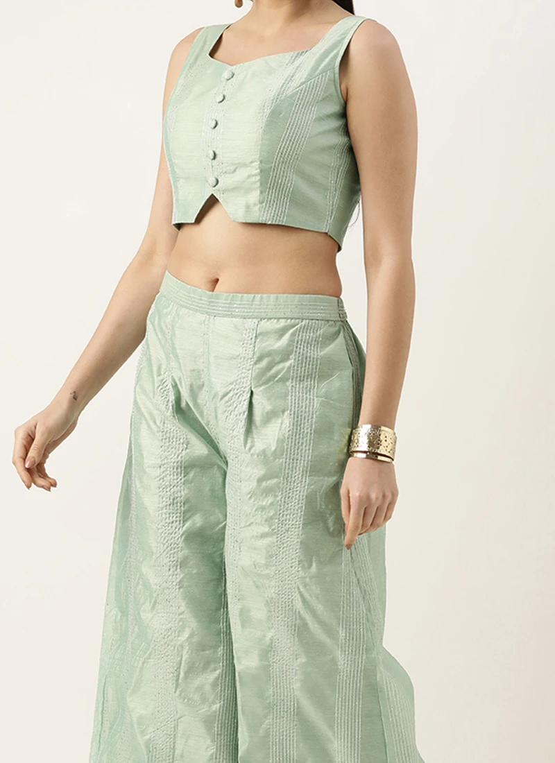 Bottom From White Jacket N Pista Green Embroidered Palazzo Set After Six Wear 3 Bottom From White Jacket N Pista Green Embroidered Palazzo Set After Six Wear
