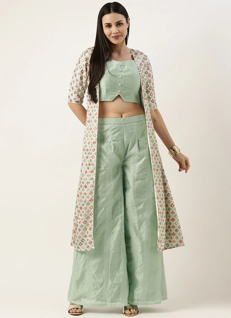 Bottom From White Jacket N Pista Green Embroidered Palazzo Set After Six Wear 5 Bottom From White Jacket N Pista Green Embroidered Palazzo Set After Six Wear - Image 3