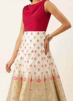 White Jacquard N Hot Pink Georgette Kali Gown Party Wear