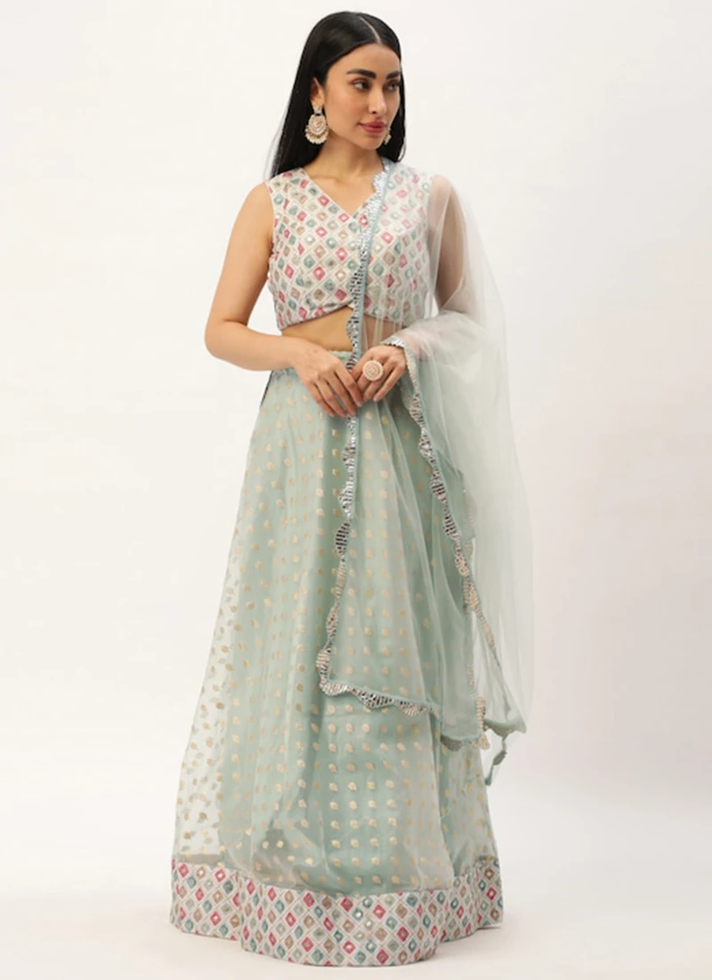 Dupatta From White N Sky Blue Chinon Embroidered Lehenga Set After Six Wear 5 Dupatta From White N Sky Blue Chinon Embroidered Lehenga Set After Six Wear - Image 3