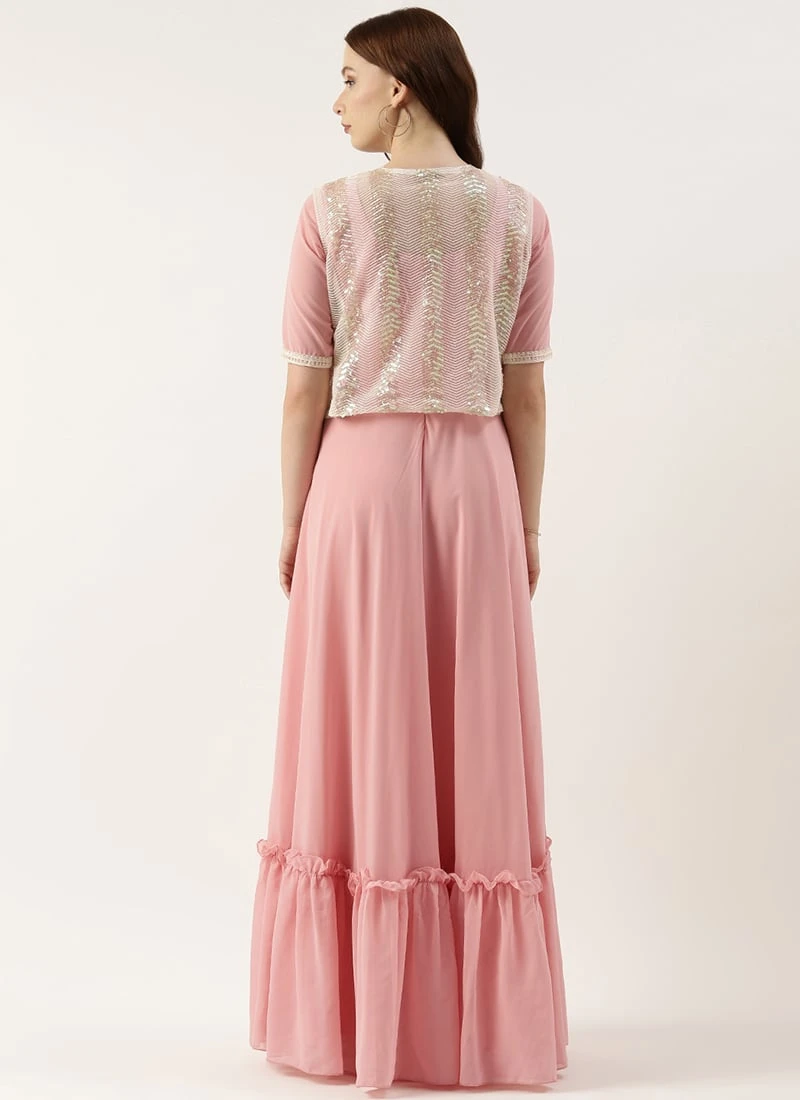 White Net Embroidered Jacket Style Gown Festive Wear 6 White Net Embroidered Jacket Style Gown Festive Wear - Image 4