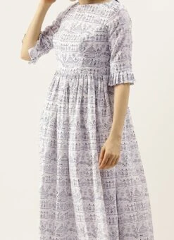 White Rayon Printed Gathered Maxi Dress Festive Wear