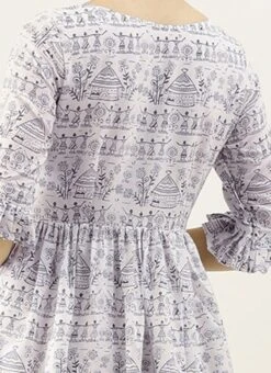 White Rayon Printed Gathered Maxi Dress Festive Wear -ZariGrace Shop White Rayon Printed Gathered Maxi Dress DRBS02105422 rrc2