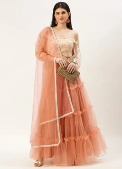 Dupatta From White Sequins N Peach Net Tiered Lehenga After Six Wear -ZariGrace Shop White Sequins N Peach Net Tiered Lehenga GHBS02212562 u