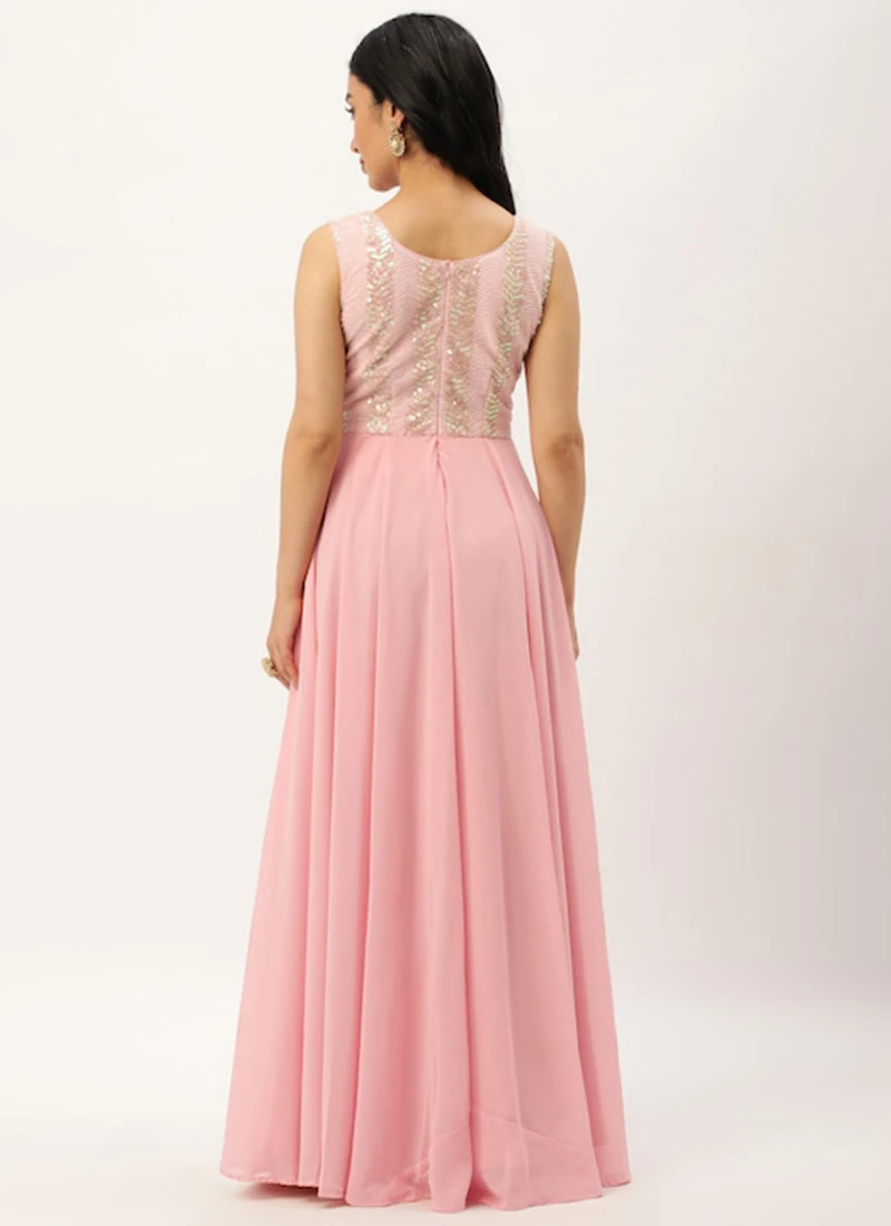 White Sequins N Pink Georgette Flared Gown Party Wear 6 White Sequins N Pink Georgette Flared Gown Party Wear - Image 4