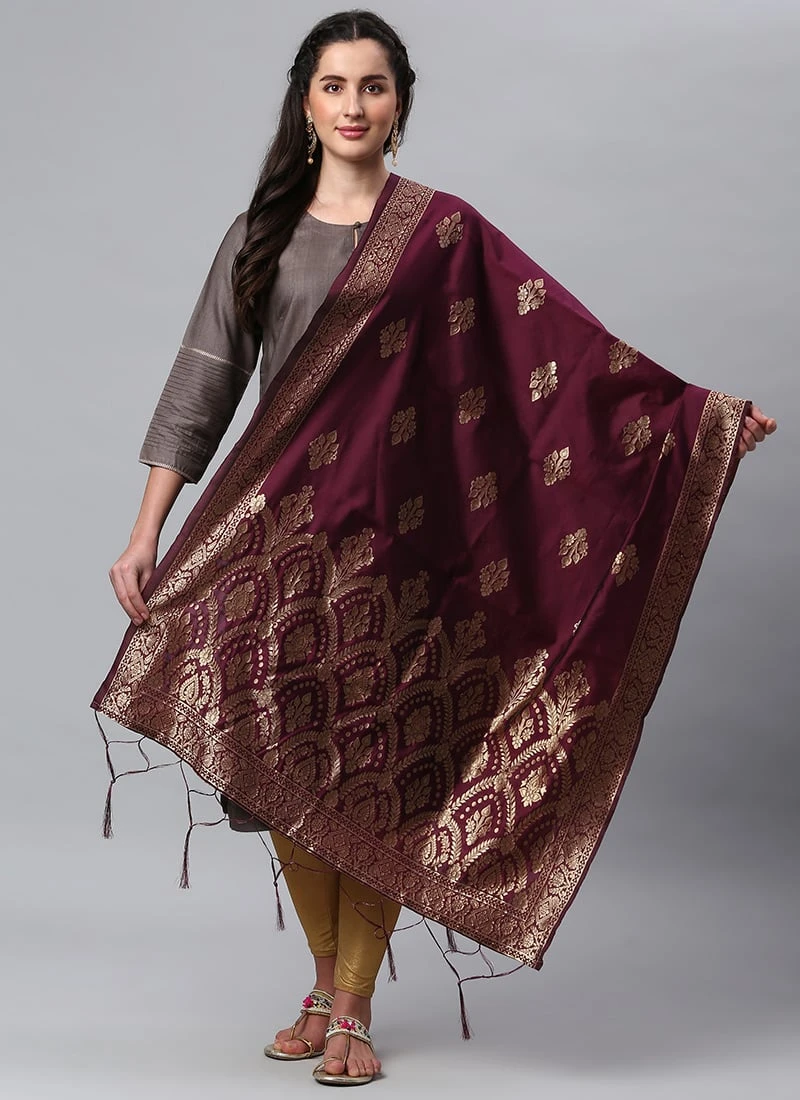 Wine Benarasi Silk Jacquard Woven Dupatta Festive Wear 5 Wine Benarasi Silk Jacquard Woven Dupatta Festive Wear - Image 3