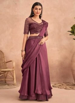 Wine Chinon Silk Ready Pleated Saree Party Wear -ZariGrace Shop Wine Chinon Silk Ready Pleated Saree SASKA36357301F u