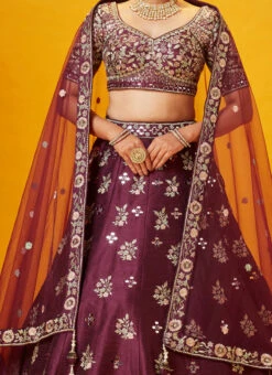 Wine Embroidered And Hand Work Art Silk Umbrella Lehenga Wedding Wear