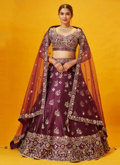 Wine Embroidered And Hand Work Art Silk Umbrella Lehenga Wedding Wear -ZariGrace Shop Wine Embroidered and Hand work Art Silk Umbrella Lehenga GHMKNS1178537B u