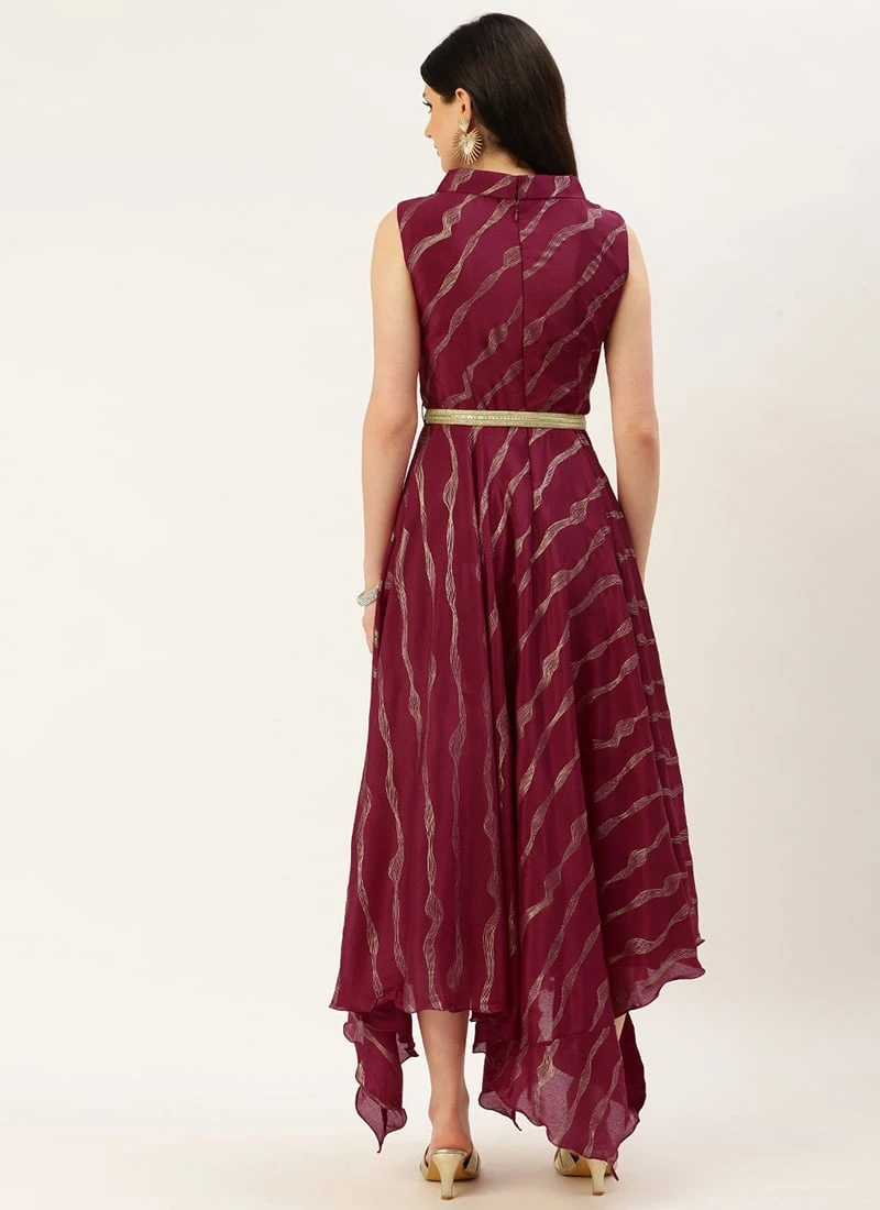 Wine Foil Printed Chinon Maxi Dress Festive Wear 6 Wine Foil Printed Chinon Maxi Dress Festive Wear - Image 4