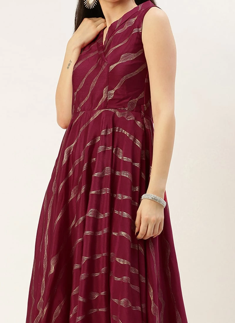 Wine Foil Printed Chinon Maxi Dress Festive Wear 3 Wine Foil Printed Chinon Maxi Dress Festive Wear