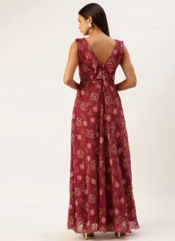 Wine Georgette Digital Print V Neck Gown Party Wear -ZariGrace Shop Wine Georgette Digital Print V Neck Gown IWBS02301782 b