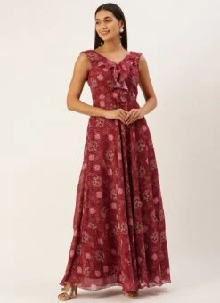 Wine Georgette Digital Print V Neck Gown Party Wear -ZariGrace Shop Wine Georgette Digital Print V Neck Gown IWBS02301782 u