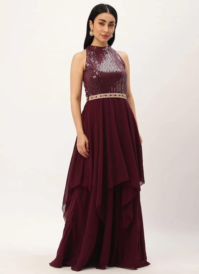 Wine Georgette Embroidered Handkerchief Gown Festive Wear 5 Wine Georgette Embroidered Handkerchief Gown Festive Wear - Image 3