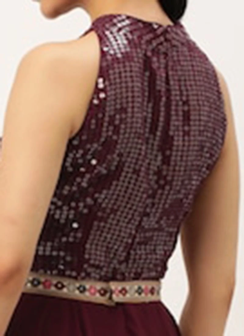 Wine Georgette Embroidered Handkerchief Gown Festive Wear 8 Wine Georgette Embroidered Handkerchief Gown Festive Wear - Image 6