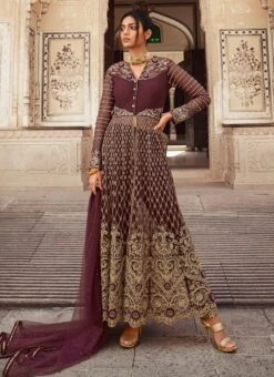 Wine Net Sequins Anarkali Suit Wedding Wear -ZariGrace Shop Wine Net Sequins Anarkali Suit SLSAK5602 u