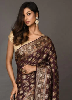 Brown Pure Chiffon Georgette Silk Zari Weaving Traditional Saree Festive Wear -ZariGrace Shop Wine Pure Silk Zari Weaving Traditional Saree SAVNS652G b
