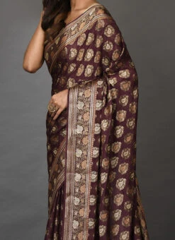 Brown Pure Chiffon Georgette Silk Zari Weaving Traditional Saree Festive Wear