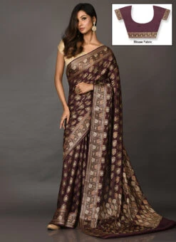 Brown Pure Chiffon Georgette Silk Zari Weaving Traditional Saree Festive Wear -ZariGrace Shop Wine Pure Silk Zari Weaving Traditional Saree SAVNS652G u