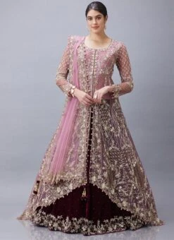 Wine Velvet Hand Work Lehenga N Onion Pink Net Long Choli With Dupatta Wedding Wear -ZariGrace Shop Wine Velvet Hand Work Lehenga N Onion Pink Net Long Choli With Dupatta GHCBF5528 u