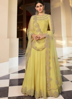 Yellow Banarasi Art Silk Embroidered N Stones Anarkali Suit Wedding Wear -ZariGrace Shop Yellow Banarasi Art Silk Embroidered N Stones Anarkali Suit SLSAJ25986902 u