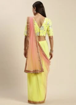 Yellow Embroidered Blouse N Peach Half N Half Saree Party Wear -ZariGrace Shop Yellow Embroidered Blouse N Peach Half N Half Saree SABS02108684 b