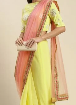 Yellow Embroidered Blouse N Peach Half N Half Saree Party Wear
