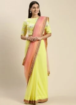 Yellow Embroidered Blouse N Peach Half N Half Saree Party Wear -ZariGrace Shop Yellow Embroidered Blouse N Peach Half N Half Saree SABS02108684 u