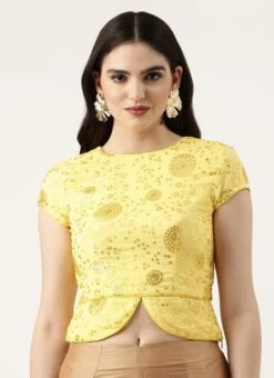 Yellow Embroidered Chinon Blouse Wedding Wear -ZariGrace Shop Yellow Embroidered Chinon Blouse BLBS02303843 u