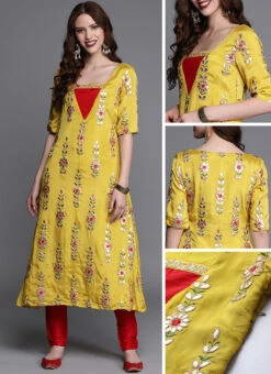 Yellow Embroidered Chinon Kurta Set Festive Wear -ZariGrace Shop Yellow Embroidered Chinon Kurta Set KSBS01911716 gl