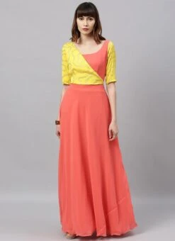 Yellow Embroidered N Peach Overlapping Style Gown Party Wear -ZariGrace Shop Yellow Embroidered N Peach Overlapping Style Gown IWBS02004315 u