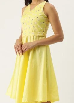 Yellow Foil Printed Asymmetric Dress Festive Wear