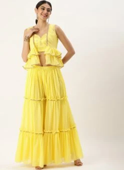 Bottom From Yellow Georgette Embroidered Crop Top N Sharara Set After Six Wear -ZariGrace Shop Yellow Georgette Embroidered Crop Top N Sharara Set IWBS02212558 u