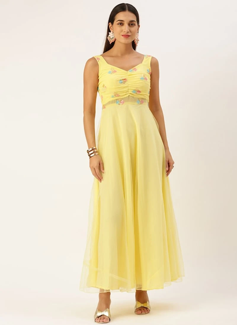 Yellow Georgette Embroidered Dress Party Wear 5 Yellow Georgette Embroidered Dress Party Wear - Image 3