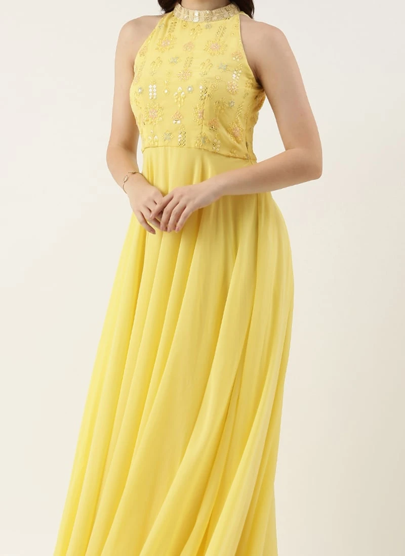 Yellow Georgette Embroidered Gown Party Wear 3 Yellow Georgette Embroidered Gown Party Wear