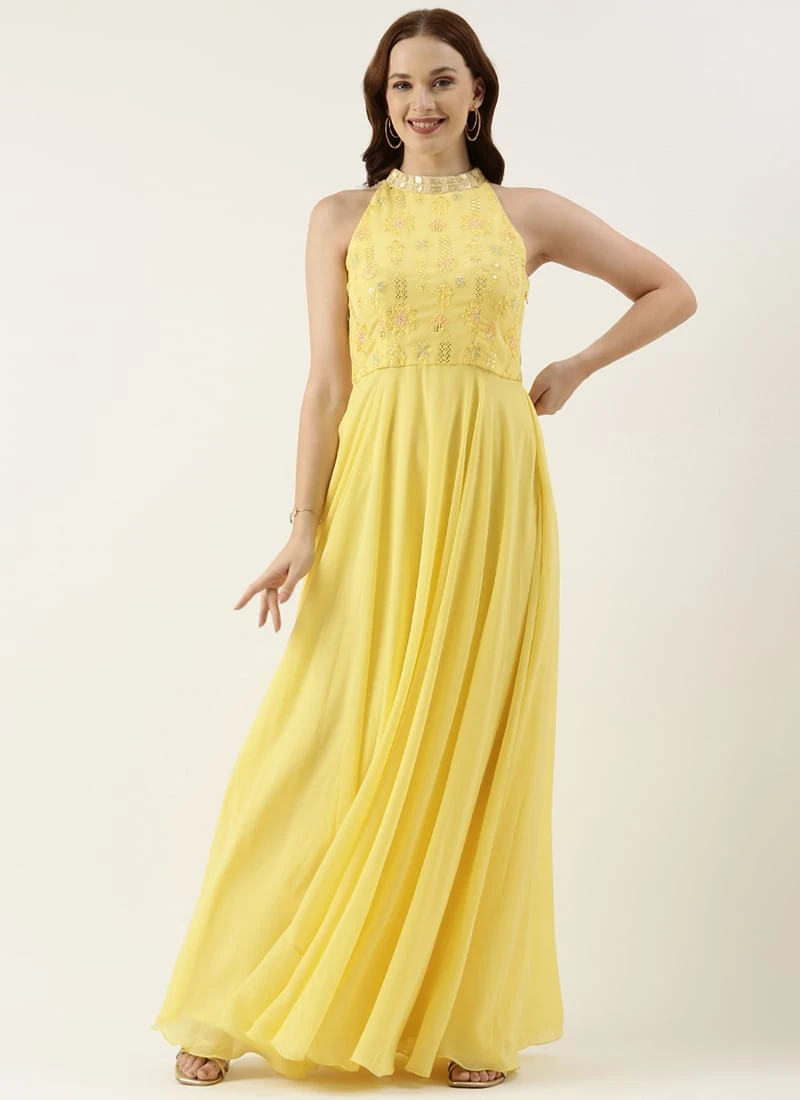 Yellow Georgette Embroidered Gown Party Wear 5 Yellow Georgette Embroidered Gown Party Wear - Image 3