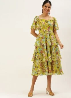 Yellow Georgette Layered Style Dress After Six Wear -ZariGrace Shop Yellow Georgette Layered Style Dress DRBS02208417 u