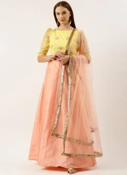 Dupatta From Yellow Georgette N Peach Kali Anarkali After Six Wear -ZariGrace Shop Yellow Georgette N Peach Kali Anarkali SLBS02301710 u