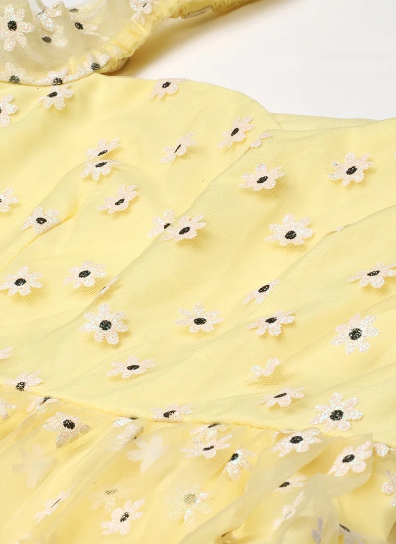 Yellow Glitter Foil Tiered Gathers Dress Party Wear 7 Yellow Glitter Foil Tiered Gathers Dress Party Wear - Image 5