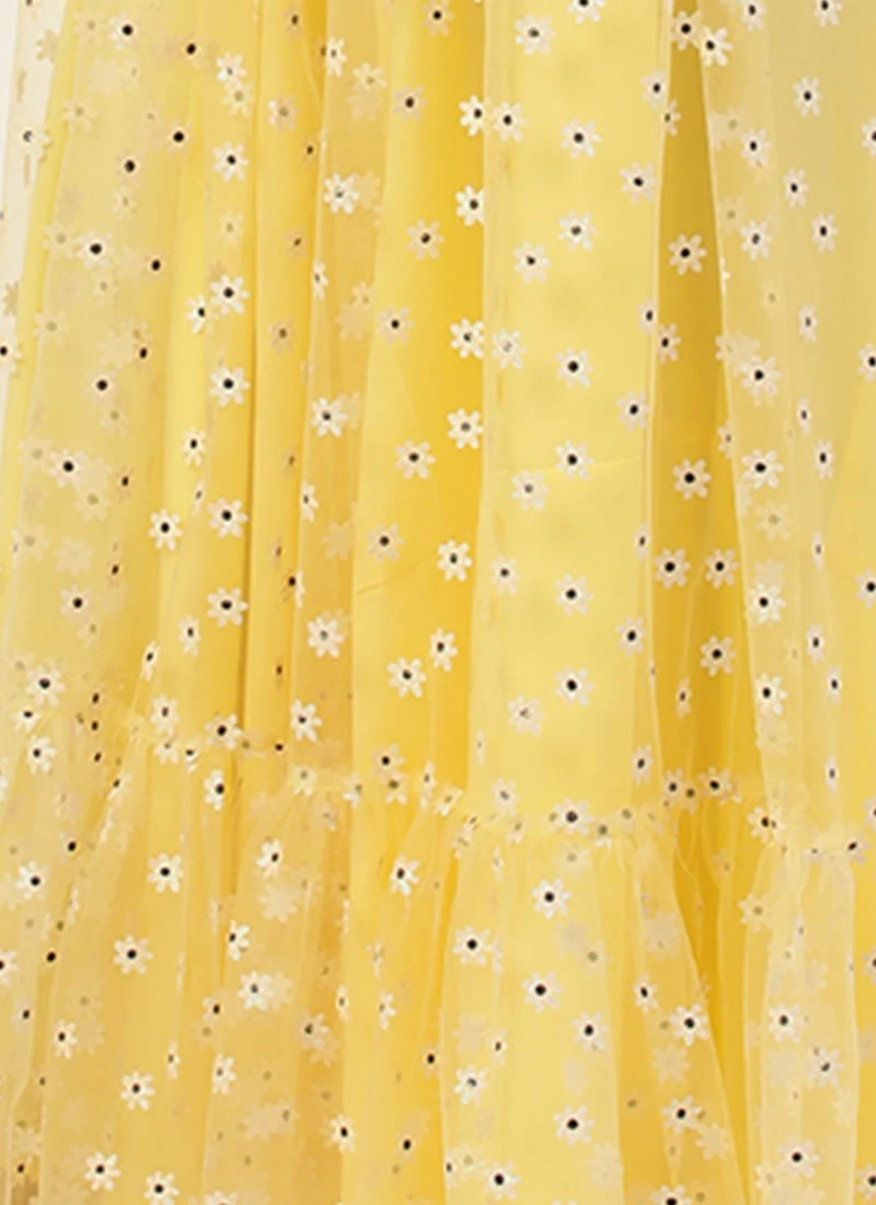 Yellow Glitter Foil Tiered Gathers Dress Party Wear 10 Yellow Glitter Foil Tiered Gathers Dress Party Wear - Image 8
