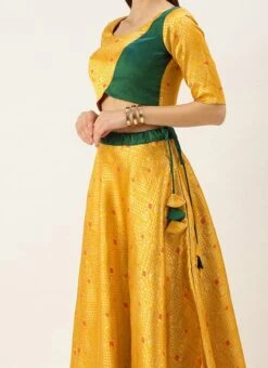 Yellow Jacquard N Green Umbrella Lehenga Festive Wear