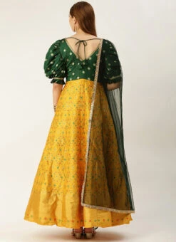 Yellow N Green Taffeta Jacquard Anarkali Suit Festive Wear -ZariGrace Shop Yellow N Green Taffeta Jacquard Anarkali Suit SLBS02301047 b