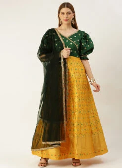 Yellow N Green Taffeta Jacquard Anarkali Suit Festive Wear -ZariGrace Shop Yellow N Green Taffeta Jacquard Anarkali Suit SLBS02301047 u