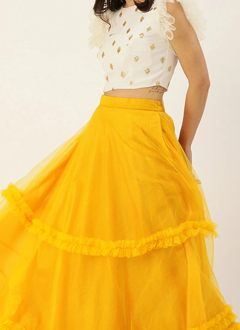 Yellow N White Embroidered Skirt Set Festive Wear 3 Yellow N White Embroidered Skirt Set Festive Wear