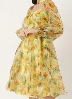 Yellow Organza Mini Dress Party Wear