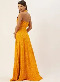 Why Kiki Dress Yellow Printed Halter Neck Floor Length Gown Festive Wear -ZariGrace Shop Yellow Printed Halter Neck Floor Length Gown IWBS02110888 b